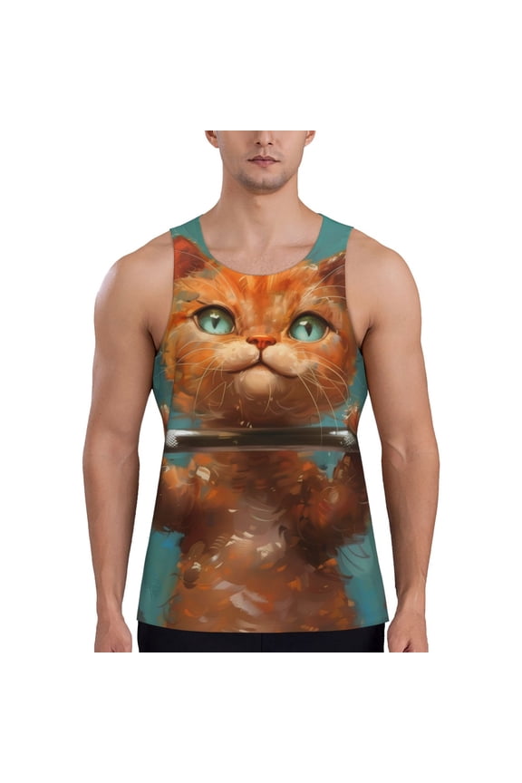 Strong Kitten Lifting Weights Printed Men’s Performance Tank, Men's Workout Tank Top Moisture-Wicking Tank Top Muscle tee, Breathable Workout Shirt-3X-Large