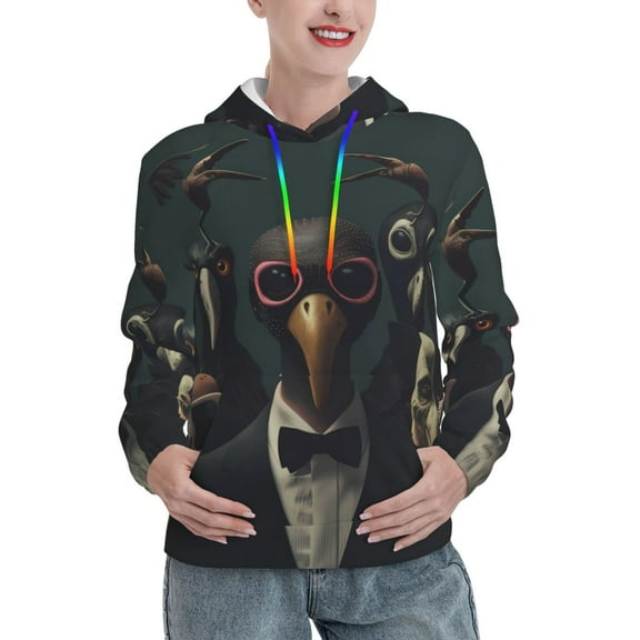 Picia Stylish Avian Gathering Pattern Casual Women's Hoodie, Hooded Sweatshirt with Kangaroo Pocket, Comfortable Pullover with Eye-catching Drawstrings-Small