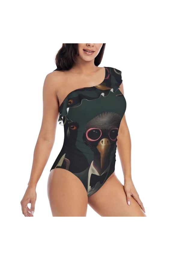 Stylish Avian Gathering Pattern Women's One Piece Swimsuits,One Shoulder Swimwear Asymmetric ,Ruffle Monokinis Bathing Suits,High Waisted Flattering Bathing Suits-XX-Large