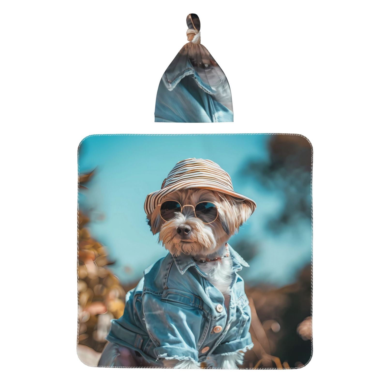 Picia Stylish Dog in Denim Outfit for Baby Girl Newborn Receiving Blanket with Matching Headband and Beanie Set Baby Swaddle Floral Print Nursery Swaddle Wrap