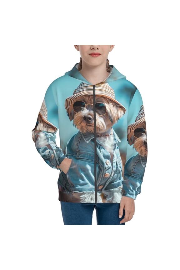 Stylish Dog in Denim Outfit for Boys Fashion Full-zip Hoodies & Sweatshirts with Kangaroo Pocket,Zip-up Hooded Sweatshirt for Kid, Moisture Wicking & Breathable-Medium