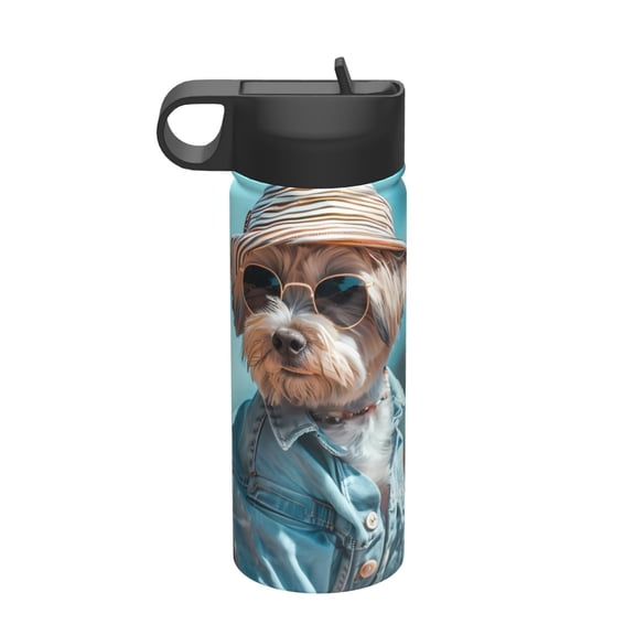 Picia Stylish Dog in Denim Outfit Pattern 18oz Sports Insulated Kettle With Straw Insulated Water Bottle For Running Hiking Cycling Climbing Men'S Woman Insulated Water Bottle