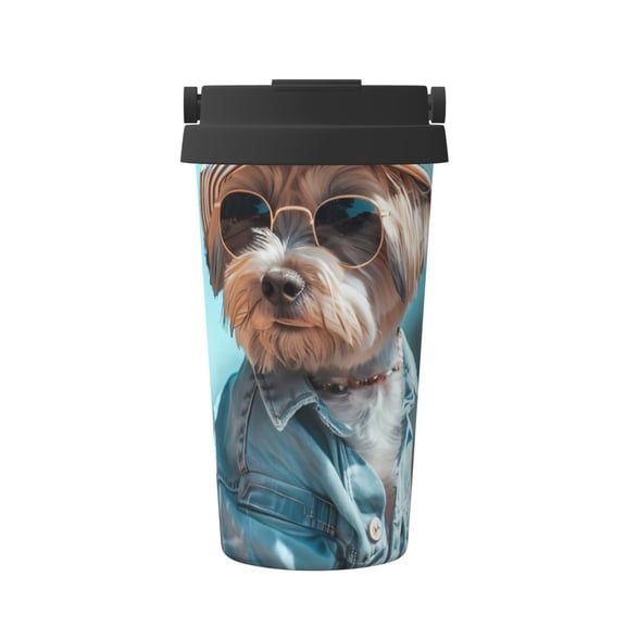 Picia Stylish Dog in Denim Outfit Pattern 500ml Carry Insulated Coffee Mug, Stainless Steel Travel Mug with Hidden Handle, Leak-Proof for Car, Office, Home, and Outdoor Use
