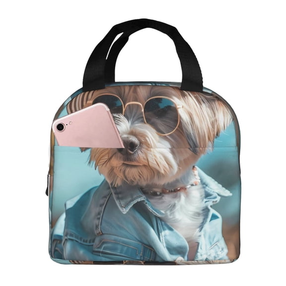 Picia Stylish Dog in Denim Outfit Printed Lunch box Lunch bag for Men Women Large Capacity Lunchbox Reusable Lunch Bags Insulated Lunch Bag Lunch Box Cooler