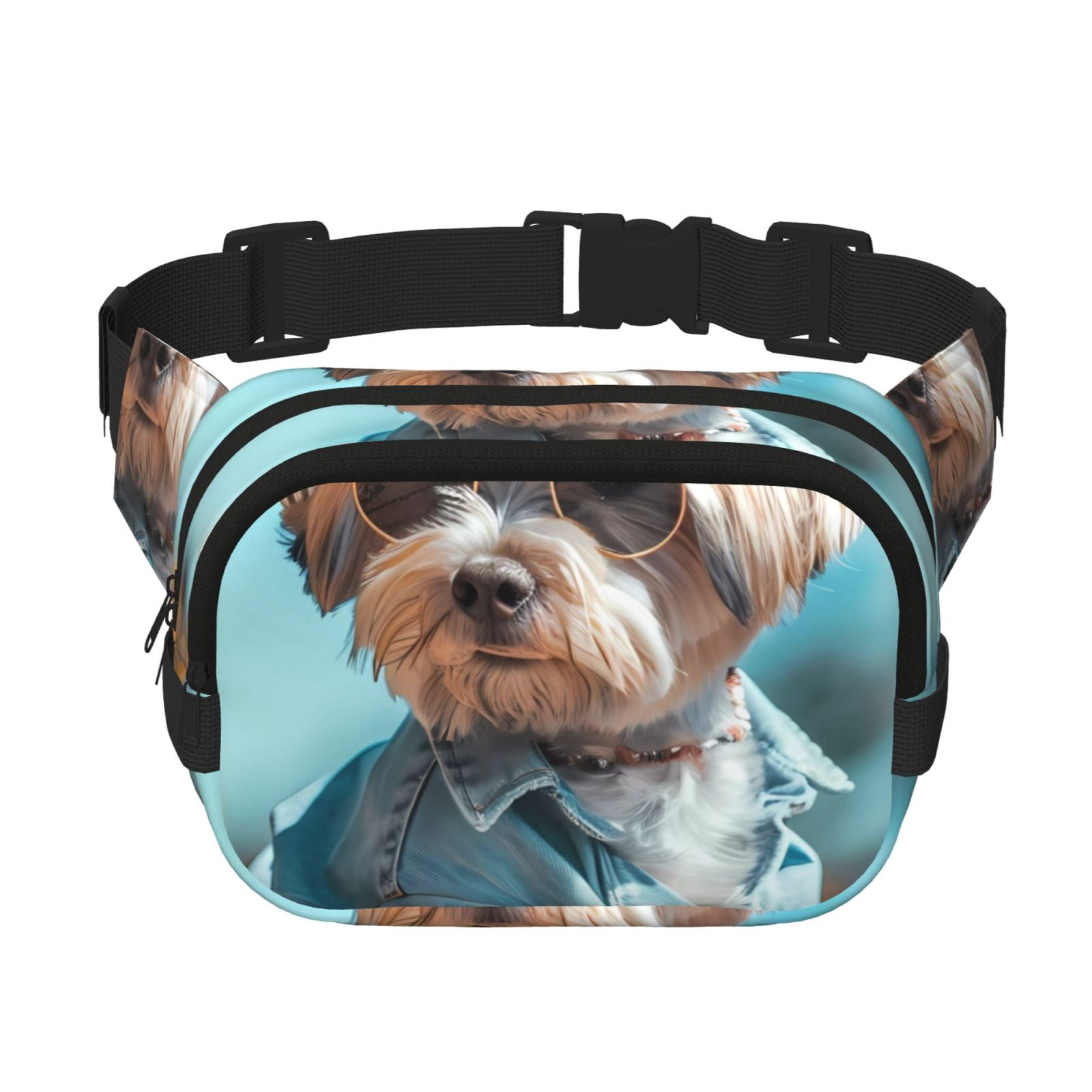 Picia Stylish Dog in Denim Outfit Print Square Double-Layer Waist Bag Mini Adjustable Waist Belt Bag Exercise Running Travel Hiking