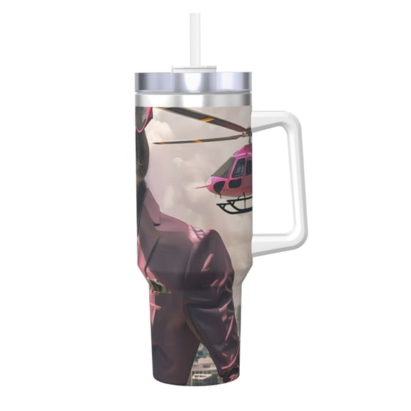 Picia Stylish Kangaroo In Suit Pattern 40oz Ice Bully Insulated Tumbler with Handle, Double-Wall Stainless Steel Cup, Leak-Proof Lid and Straw