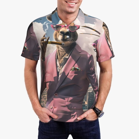 Picia Stylish Kangaroo In Suit Print Men's Polo Shirt, Two-Button Closure Pique Polo Shirt, Summer Fashion Golf Shirt-Large