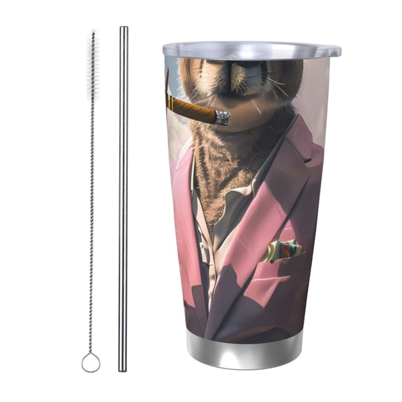 Picia Stylish Kangaroo In Suit Pattern 20 oz Tumbler Stainless Steel Vacuum Insulated Coffee Ice Cup Double Wall Travel Flask Dual Lid Water Bottle, Eco-friendly Car Cup