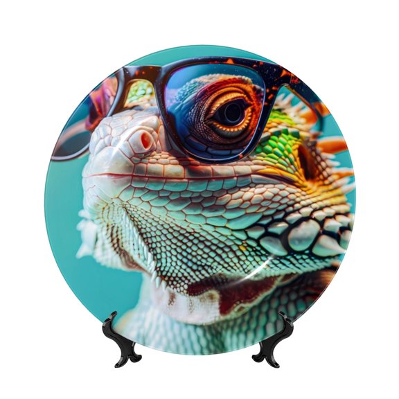 Picia Stylish Sunglasses Iguana Pattern Bone China Decorative Plate – Wall Decor with Stand and Adhesive, Elegant Ornament for Living Room, Office, or Entryway-7in