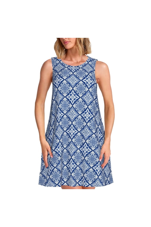 Stylized Flowers Vintage Boho Print Women’s Sleeveless Midi Swing Dress – A-Line Pleated Tank Sundress, Comfortable and Flowy T-Shirt Dress