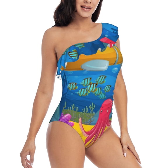 Picia Submarine And Landscape Pattern Women's One Piece Swimsuits,One Shoulder Swimwear Asymmetric ,Ruffle Monokinis Bathing Suits,High Waisted Flattering Bathing Suits-X-Large