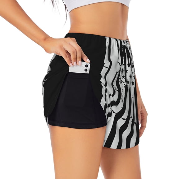 Picia Submarine Vintage Flag Pattern Women's 2 in 1 Athletic Running Shorts High Waisted Workout Casual Gym Sweat Shorts with Comfy Liner Zipper Pockets-Small