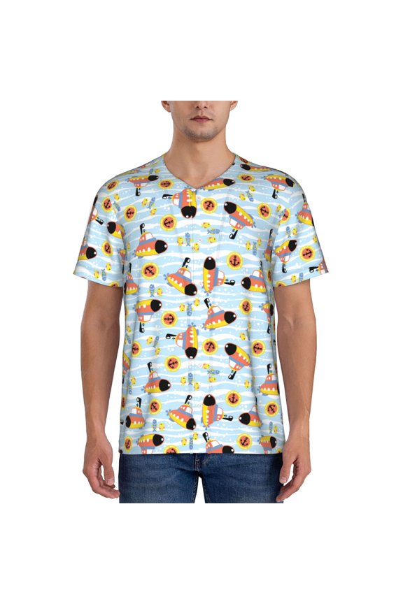 Submarine With Fishes Undersea Pattern Mens Polo Shirts Quick Dry Short Sleeve Golf T Shirt Performance Moisture Wicking Casual Workout Baseball T-shirt-Medium