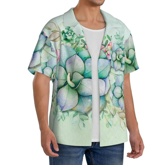Picia Succulent Men's Linen Shirts Short Sleeve Cuban Beach Shirts Casual Shirts Button Down Shirt for Men Beach Summer Wedding Shirt-Small