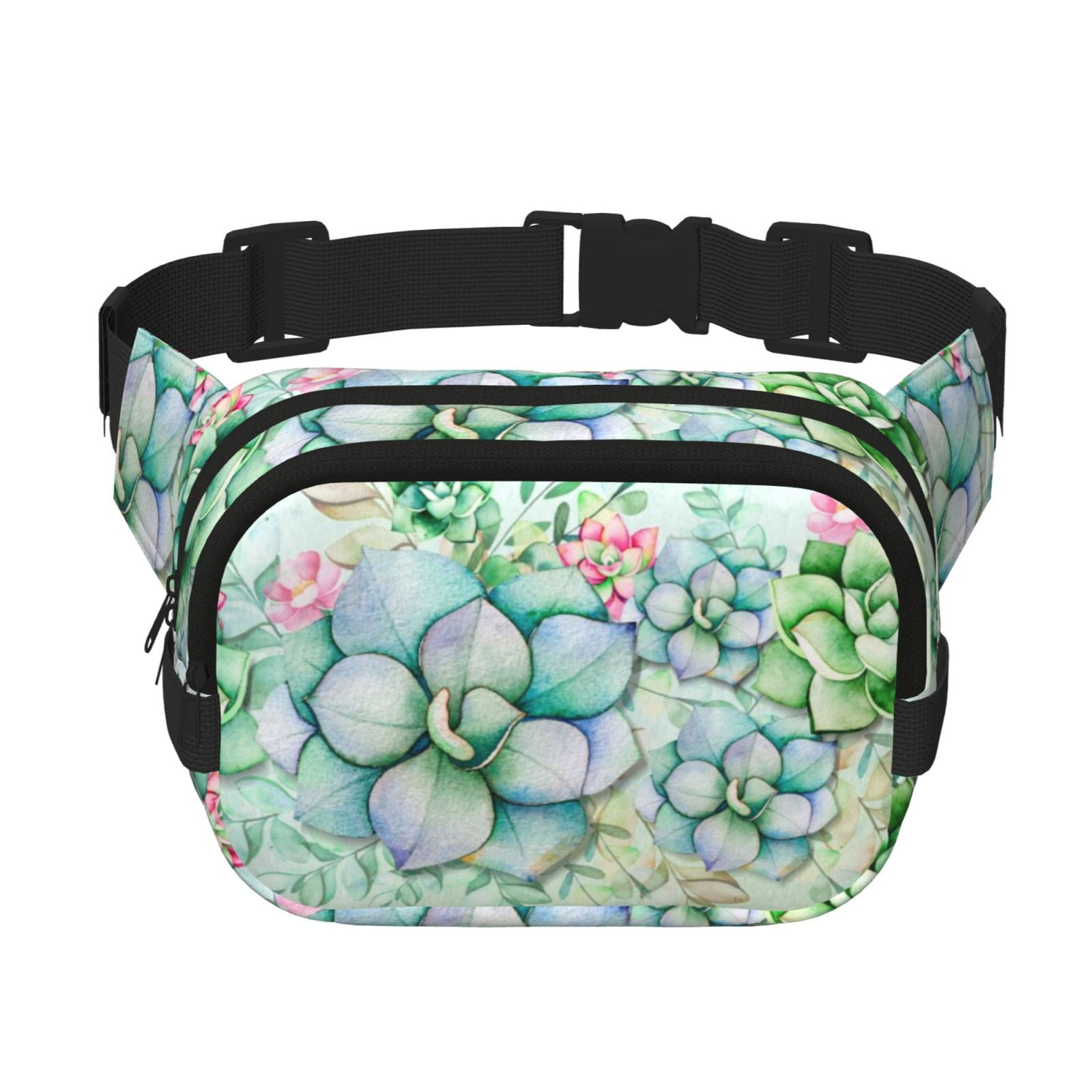 Picia Succulent Print Square Double-Layer Waist Bag Mini Adjustable Waist Belt Bag Exercise Running Travel Hiking