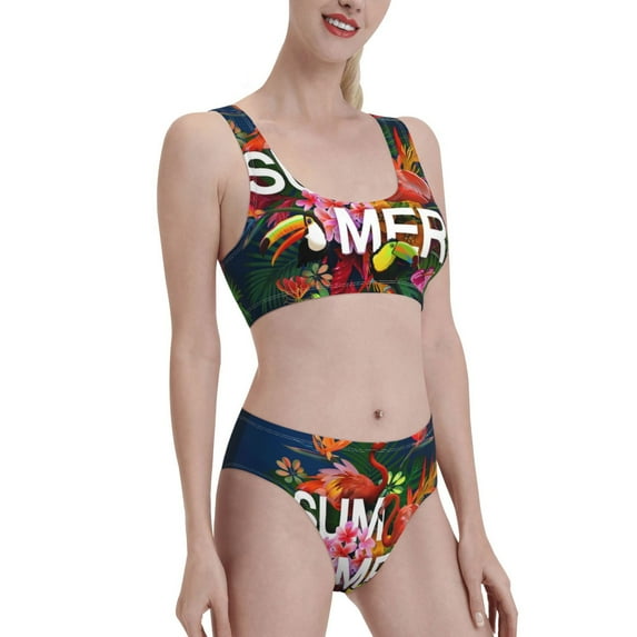 Picia Summer Birds and Flowers Women's High Waisted Bikini Scoop Neck Swimsuit Two Pieces Bathing Suit-Medium