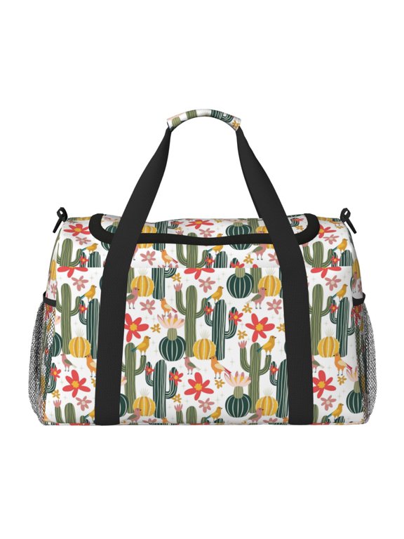 Summer Cactus With Blooming Print Travel Duffle Bag,Weekender Bags for Women with Shoe Compartment, Gym Duffel Bag with Wet Pocket, Hospital Bags for Labor and Delivery
