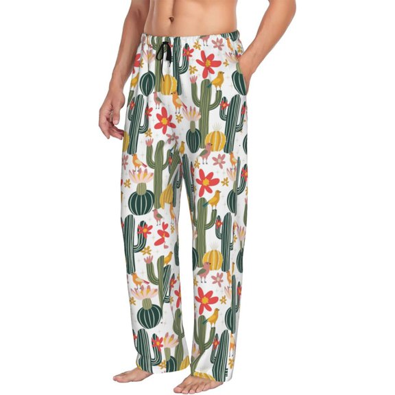 Picia Summer Cactus With Blooming Mens Soft Woven Cotton Elastic Waistband Sleep Pajama Pant Lounge Sleep Pant With Pockets And Drawstring-Small