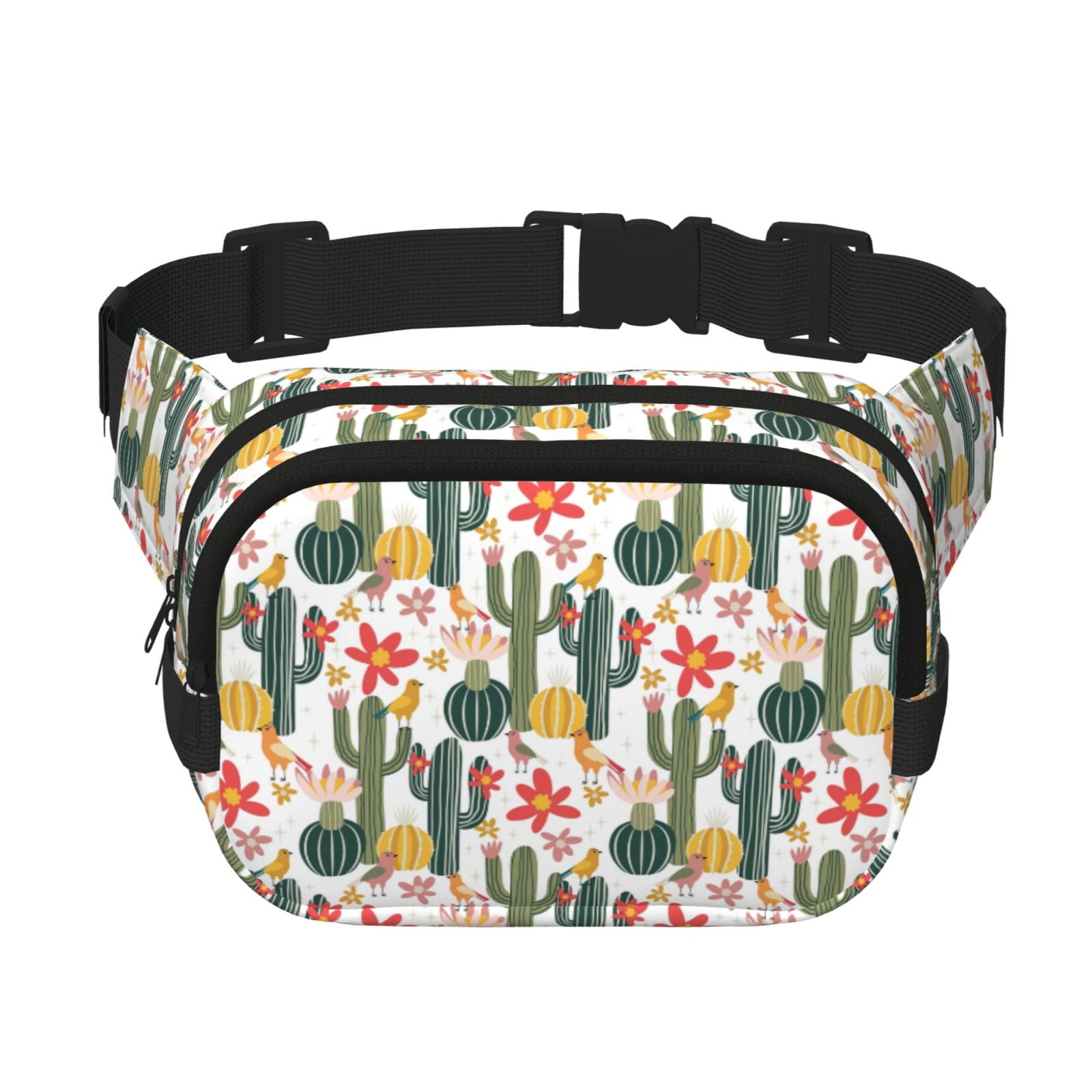 Picia Summer Cactus With Blooming Print Square Double-Layer Waist Bag Mini Adjustable Waist Belt Bag Exercise Running Travel Hiking