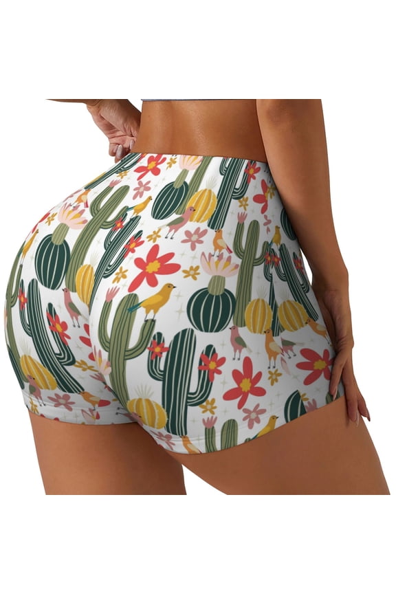 Summer Cactus With Blooming Printed Workout Shorts for Women Seamless Scrunch Butt Lifting High Waisted Yoga Gym Booty Running Moisture-wicking Short Pants-X-Large