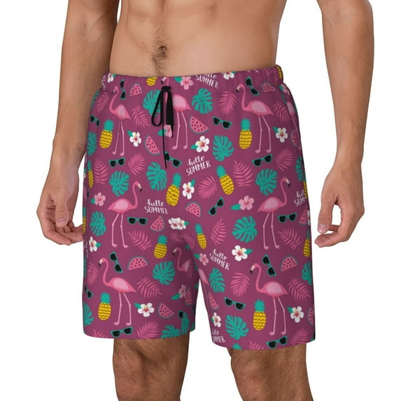 Picia Summer Flamingo pattern Mens Swim Trunks with Compression Liner Stretch Beach Shorts Quick Dry with Zipper Pockets No-Chafing Board Shorts-Medium