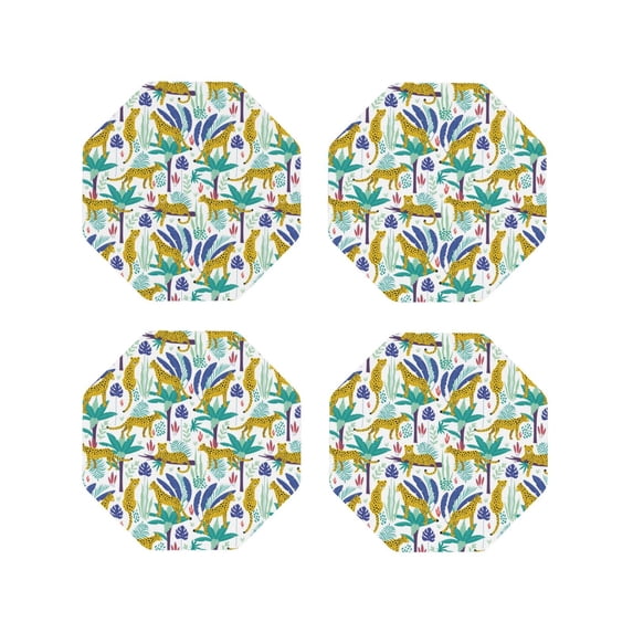 Picia Summer Leopard Printed Leather Coasters for Drinks, 4" Drink Coasters Set of 4 for Tabletop Protection, Handmade Luxurious Home Décor and Housewarming Gift -Octagon