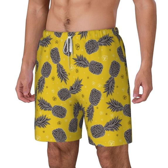 Picia Summer Pineapple pattern Mens Swim Trunks with Compression Liner Stretch Beach Shorts Quick Dry with Zipper Pockets No-Chafing Board Shorts-Large
