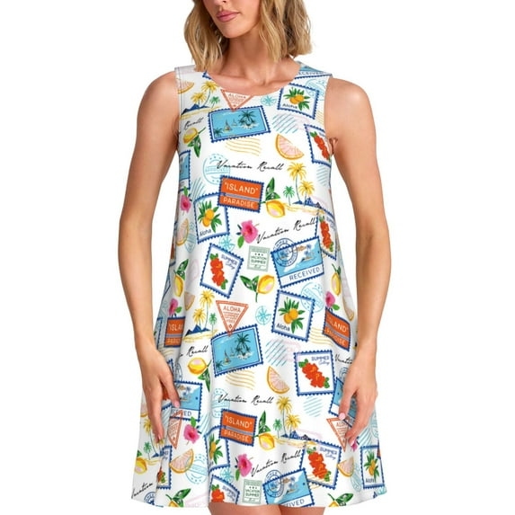 Picia Summer Stamp Print Women’s Sleeveless Midi Swing Dress – A-Line Pleated Tank Sundress, Comfortable and Flowy T-Shirt Dress