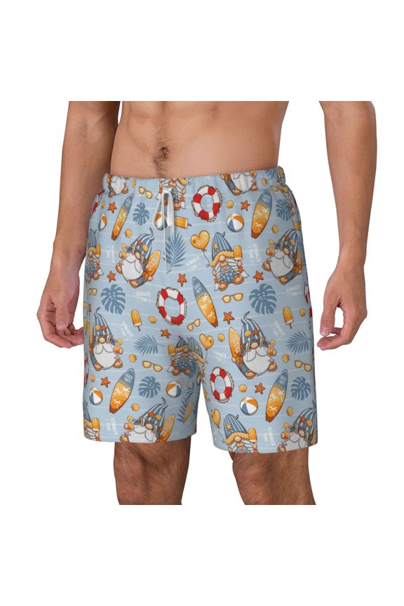 Summer Time With Gnome pattern Mens Swim Trunks with Compression Liner Stretch Beach Shorts Quick Dry with Zipper Pockets No-Chafing Board Shorts-Large