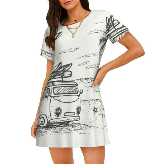 Picia Summer Vacation Scene With Camping Van Pattern Women’s Nightdress – Casual Short-sleeved Loose-Fit Sleepwear, Soft Cotton Short-Sleeve Sleep Shirt for Relaxation & Comfort