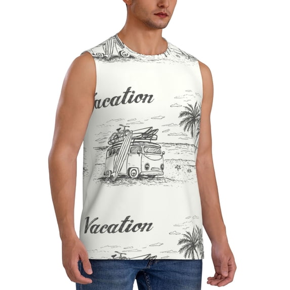Picia Summer Vacation Scene With Camping Van mens Cotton Tank Undershirts , Moisture-wicking Ribbed Tanks, Lightweight Cotton Tank Undershirts-XX-Large