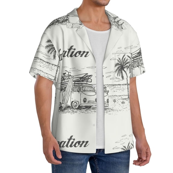 Picia Summer Vacation Scene With Camping Van Men's Linen Shirts Short Sleeve Cuban Beach Shirts Casual Shirts Button Down Shirt for Men Beach Summer Wedding Shirt-Medium