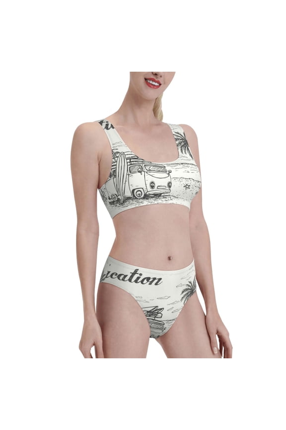 Summer Vacation Scene With Camping Van Women's High Waisted Bikini Scoop Neck Swimsuit Two Pieces Bathing Suit-Large
