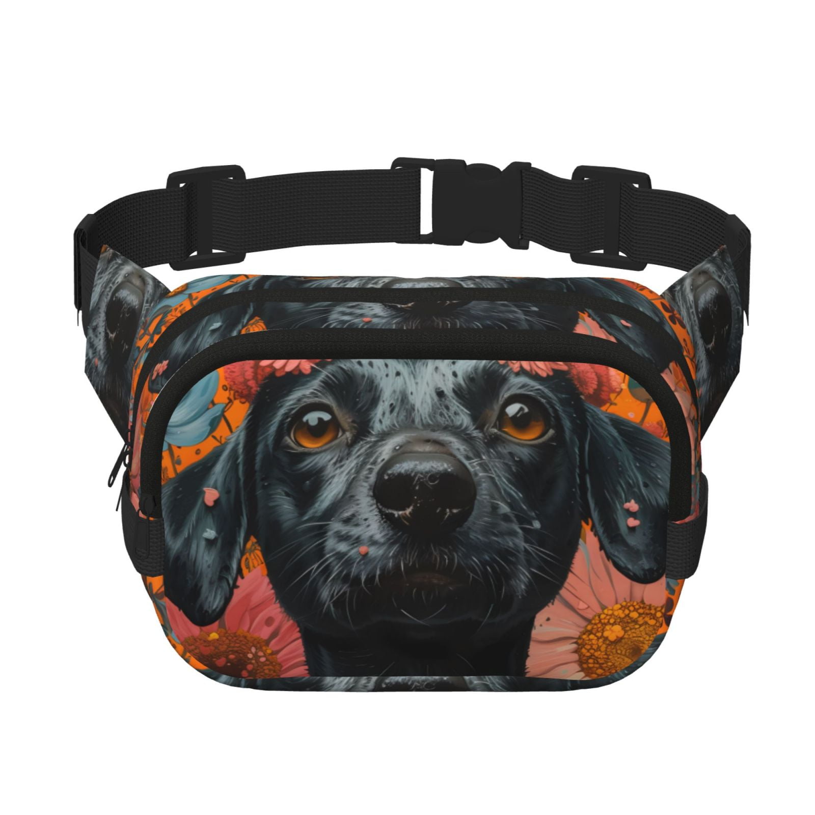 Picia Sunflower Black Dog Print Square Double-Layer Waist Bag Mini Adjustable Waist Belt Bag Exercise Running Travel Hiking
