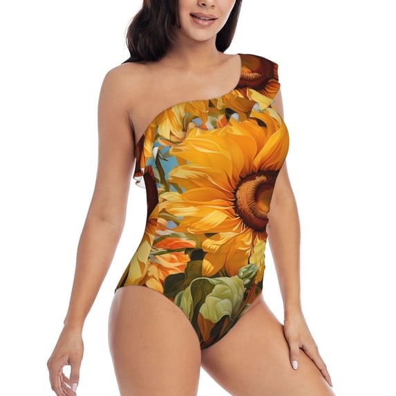 Picia Sunflower Blue Sky Pattern Women's One Piece Swimsuits,One Shoulder Swimwear Asymmetric ,Ruffle Monokinis Bathing Suits,High Waisted Flattering Bathing Suits-Large