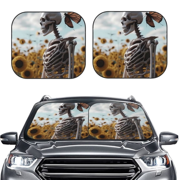 Picia Sunflower Butterfly Skull 2 Piece Car Windshield Sun Shade Foldable | Foldable Sun Shield for Front Window Blocks UV Rays and Keeps Your Vehicle Cool-Large