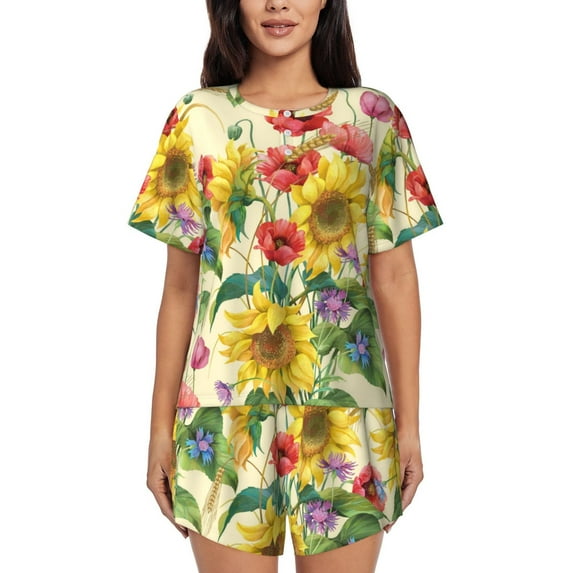 Picia Sunflower Cornflower Poppy Pajamas Sets for Women Soft Short-Sleeved Pjs with Lounge Shorts Two Piece Sleepwear-Large