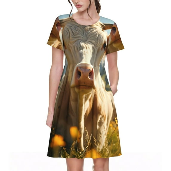 Picia Sunflower Cow Pasture Pattern Women's Short Sleeve Summer Dress Pleated Loose Swing Knee Length Short Sleeve Swing Dresses