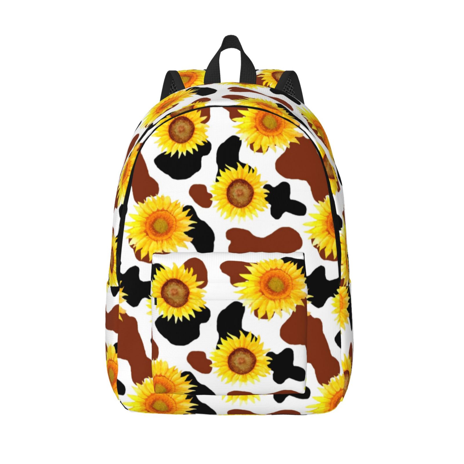 Picia Sunflower Cow Printed Canvas Daypack - Stylish and Durable Vintage Compact Backpack - Class, Work, Travel, or Laptop Bookbag,Organized Compartments-Small