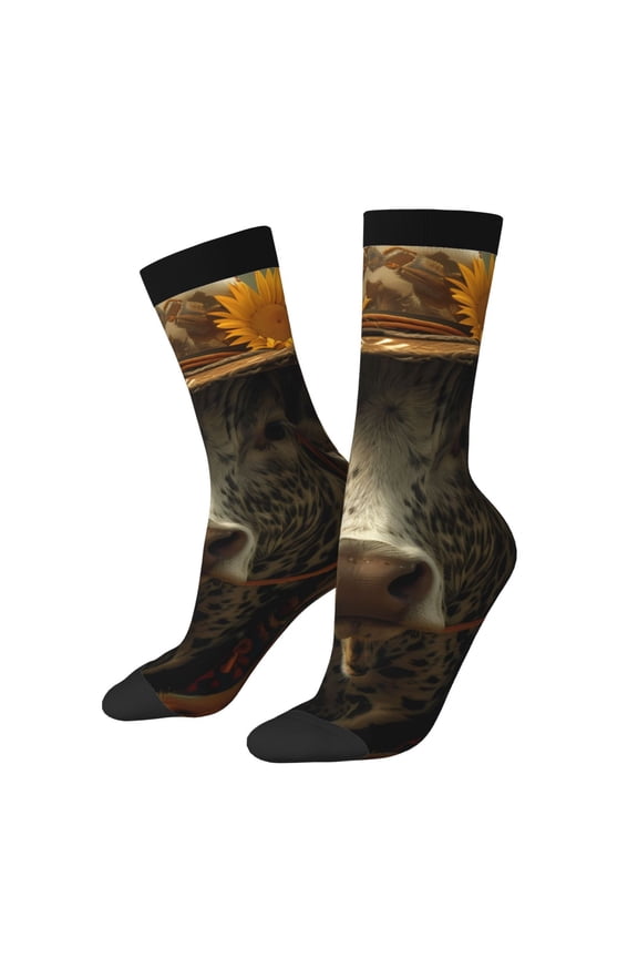 Sunflower Cowboy Hat Cow Print Athletic Socks for Men & Women – Cushioned Moisture-Wicking Crew Socks for Sports, Running, and Training, Soft & Breathable Size 5-11