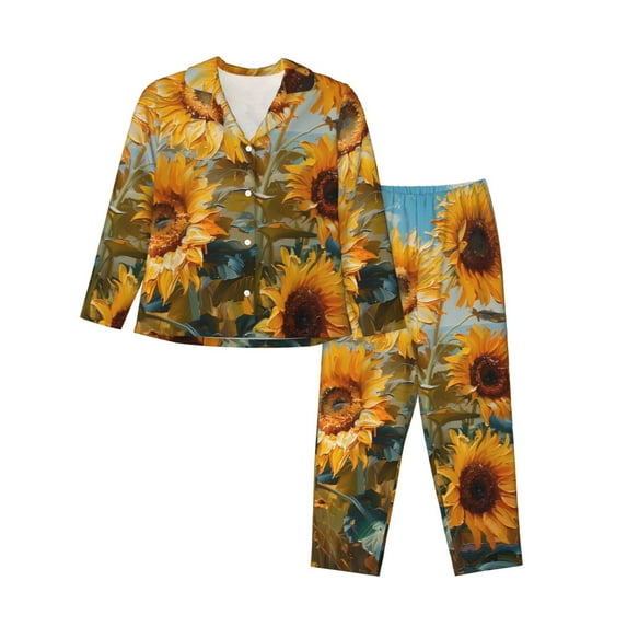 Picia Sunflower Field Art Pattern Women’s Long-Sleeve Sleepwear Set - Soft 2-Piece Loungewear with Pockets, Comfy PJs for Relaxing Nights-X-Large