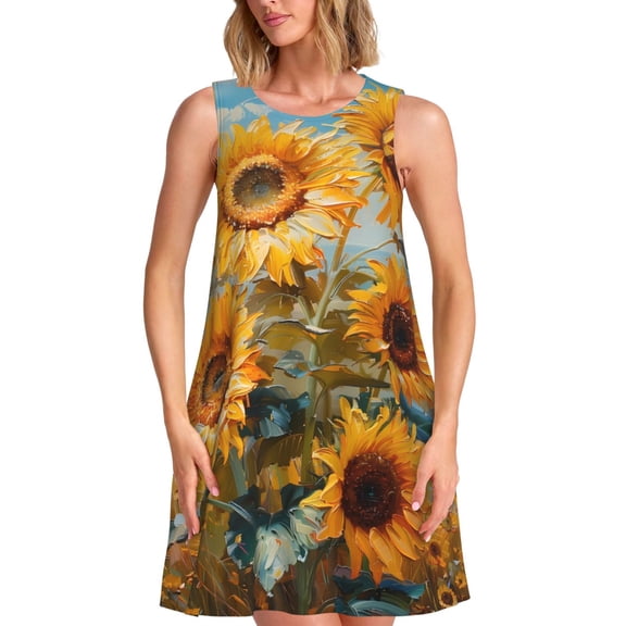 Picia Sunflower Field Art Print Women’s Sleeveless Midi Swing Dress – A-Line Pleated Tank Sundress, Comfortable and Flowy T-Shirt Dress