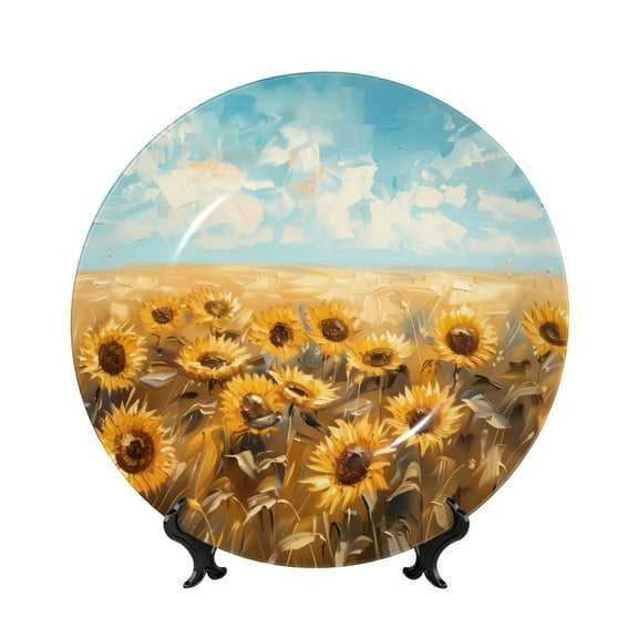 Picia Sunflower Field Bliss Pattern Bone China Decorative Plate – Wall Decor with Stand and Adhesive, Elegant Ornament for Living Room, Office, or Entryway-6in