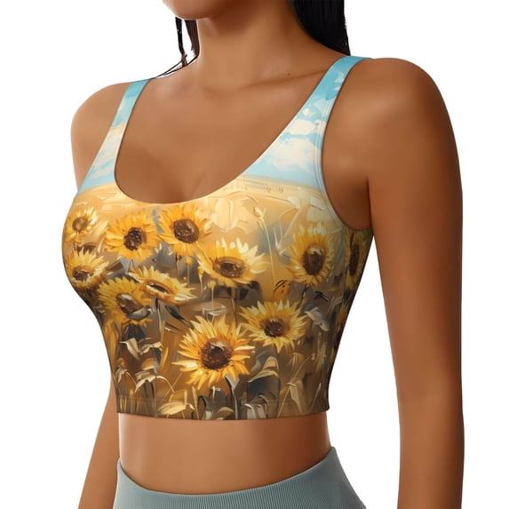 Picia Sunflower Field Bliss Sports Bra for Women,Padded Strappy Sports Bras Medium Support Yoga Bra with Removable Cups,Running Yoga Bra-Small