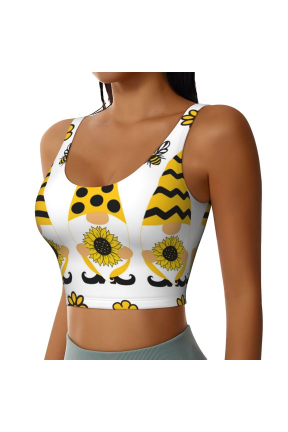 Sunflower Gnome Sports Bra for Women,Padded Strappy Sports Bras Medium Support Yoga Bra with Removable Cups,Running Yoga Bra-XX-Large