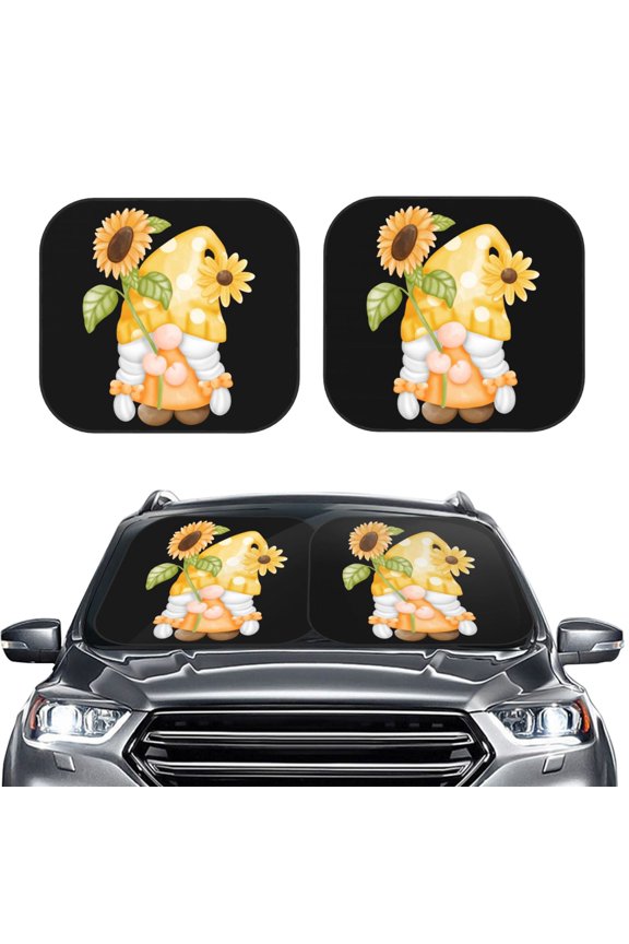 Sunflower Gnomes 3 2 Piece Car Windshield Sun Shade Foldable | Foldable Sun Shield for Front Window Blocks UV Rays and Keeps Your Vehicle Cool-Small