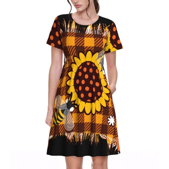 Picia Sunflower Gnomes and Bees Pattern Women's Short Sleeve Summer Dress Pleated Loose Swing Knee Length Short Sleeve Swing Dresses
