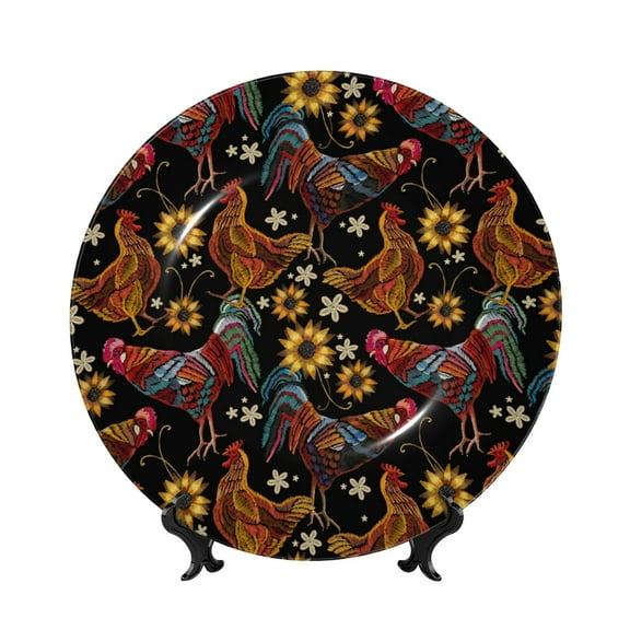 Picia Sunflower Rooster Pattern Bone China Decorative Plate – Wall Decor with Stand and Adhesive, Elegant Ornament for Living Room, Office, or Entryway-6in