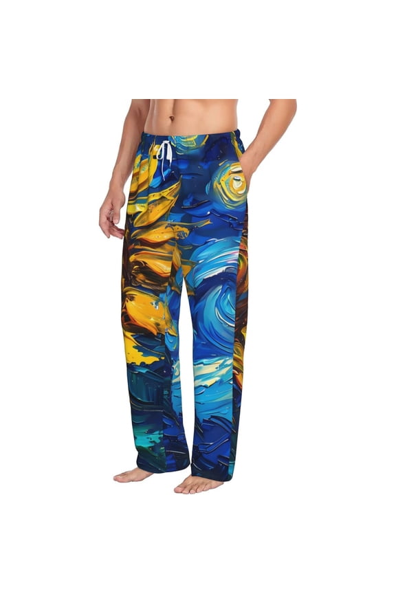 Sunflower Starry Night Vibes Mens Soft Woven Cotton Elastic Waistband Sleep Pajama Pant Lounge Sleep Pant With Pockets And Drawstring-Medium