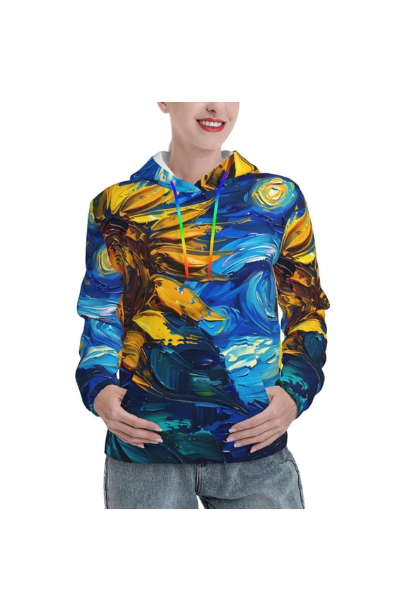 Sunflower Starry Night Vibes Pattern Casual Women's Hoodie, Hooded Sweatshirt with Kangaroo Pocket, Comfortable Pullover with Eye-catching Drawstrings-